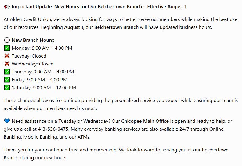 Belchertown Hours Effective August 1